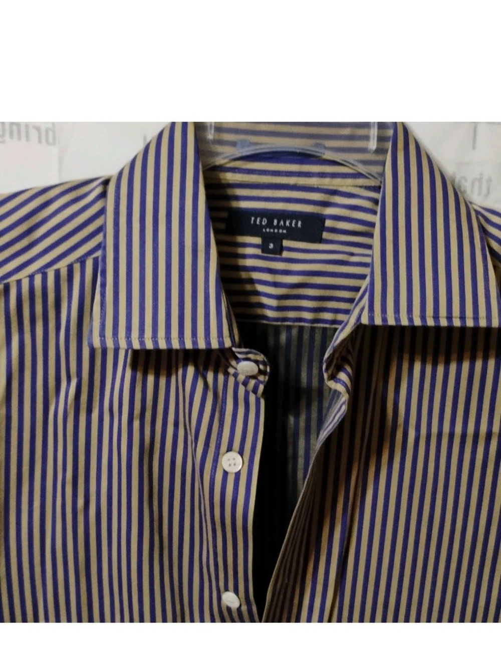 Ted Baker Men's Blue and Tan Vertical French Cut Stripe Dress Shirt